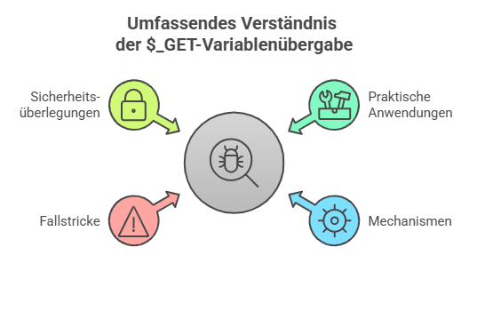 Infografik zu einem umfassenden Verständnis der $_GET-Variablenübergabe. Enthält zentrale Themen wie Sicherheitsüberlegungen, praktische Anwendungen, Mechanismen und Fallstricke, dargestellt durch farbige Symbole rund um ein zentrales Bug-Symbol.