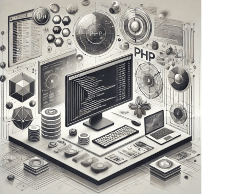 Ein abstraktes Bild einer PHP-Programmierumgebung, das mehrere Bildschirme mit Code, technische Geräte und schematische Diagramme darstellt. Es zeigt Symbole und Grafiken, die die Komplexität und Vielseitigkeit der PHP-Entwicklung visualisieren.