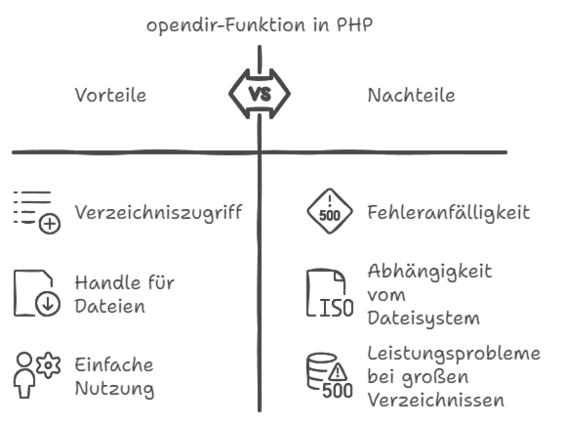 Diagramm zur opendir Funktion in PHP mit einem Vergleich der Vorteile und Nachteile. Vorteile: Verzeichniszugriff, Handle für Dateien, einfache Nutzung. Nachteile: Fehleranfälligkeit, Abhängigkeit vom Dateisystem, Leistungsprobleme bei großen Verzeichnissen.